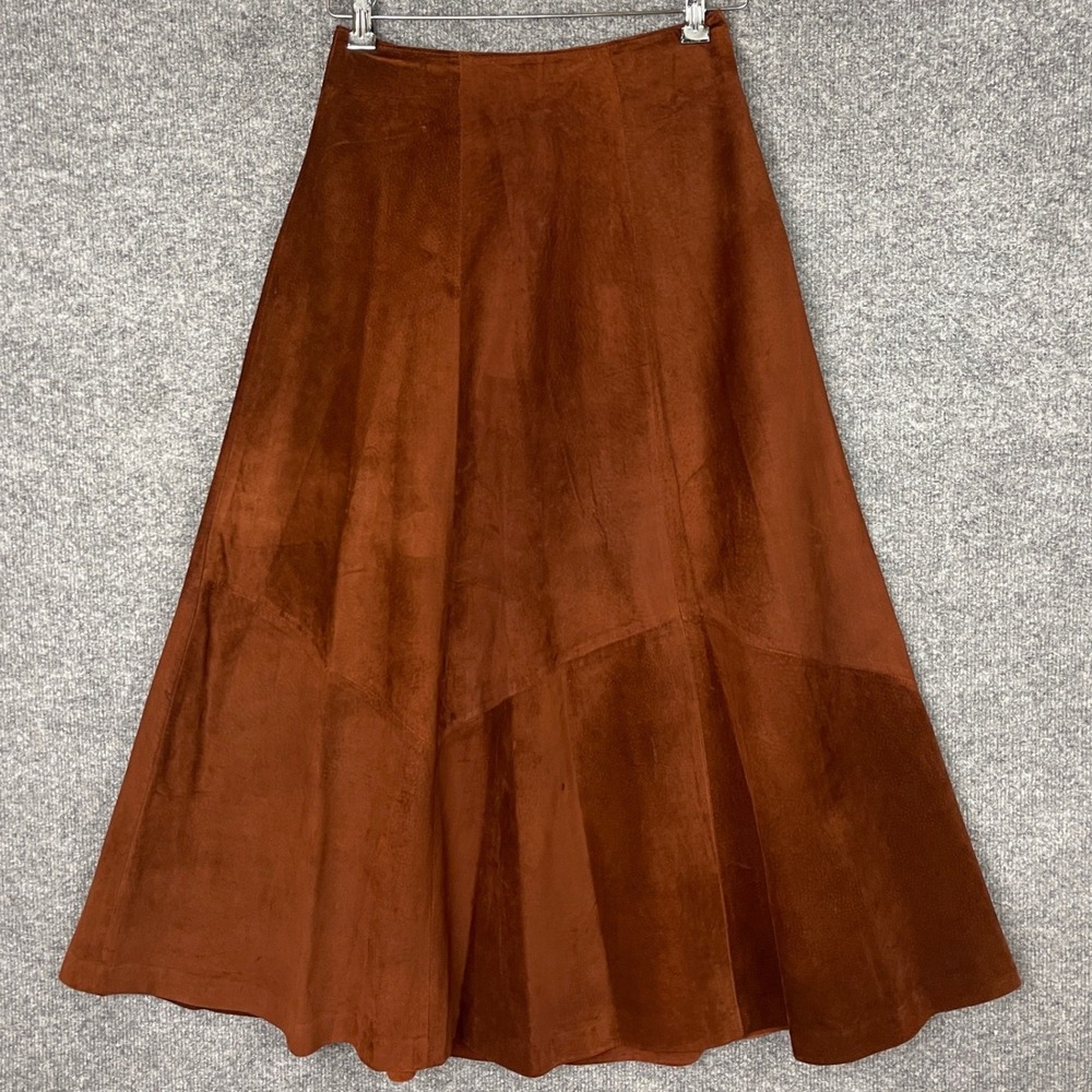 VINTAGE Tannery West Suede Leather Skirt 6 brown A-Line Midi